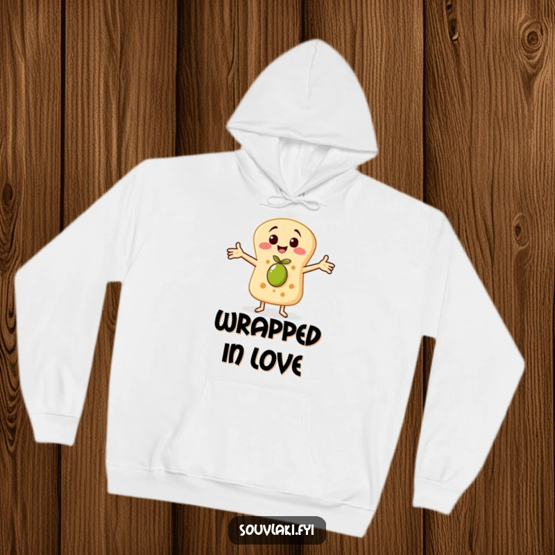 Funny hoodie with a cheerful pita bread character embracing a tiny olive, providing soft, warm, and humorous coziness.