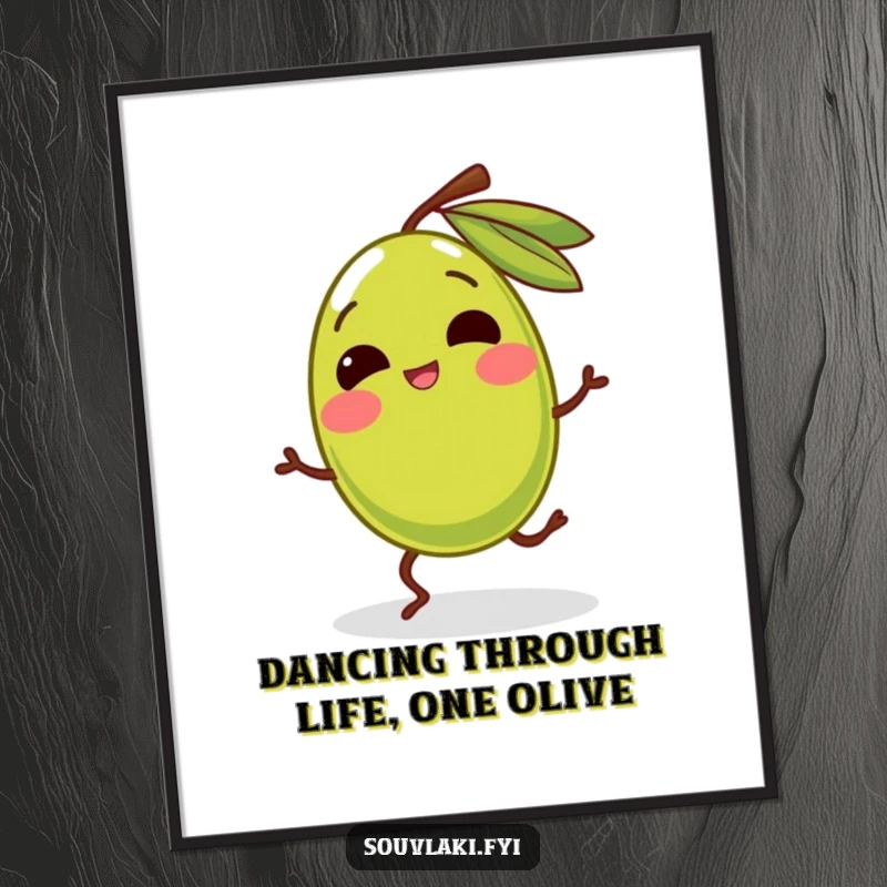 Funny free printable wall art of a giggling olive with legs doing a comical and energetic silly dance.