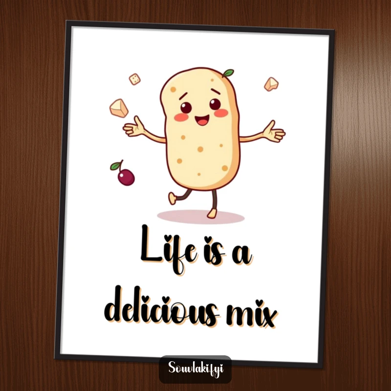 Funny Free Printable Wall Art: Dancing pita bread character juggling miniature olives and feta cheese, a playful and creative piece.