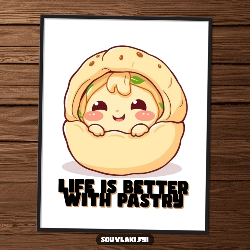 Funny Free Printable Wall Art: Giggling spanakopita character comically peeking from a puff pastry shell, adding charm.