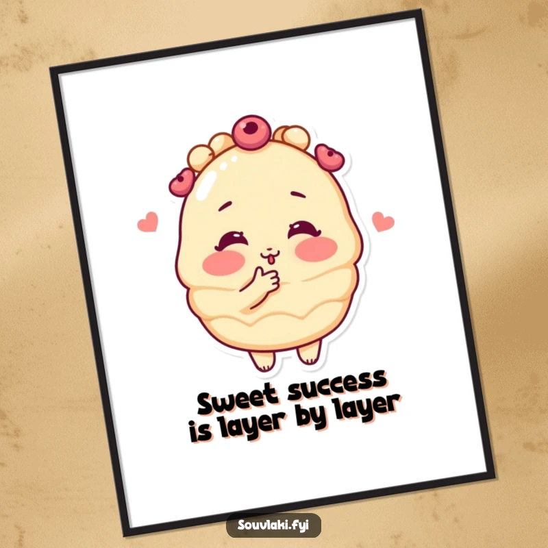 Funny Free Printable Baklava Kiss Wall Art: A blushing baklava character puckers up for a sweet, humorous kiss.