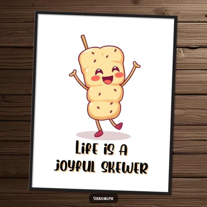 Funny Free Printable Wall Art: A smiling souvlaki skewer character dances a joyful jig, adding fun to any room.