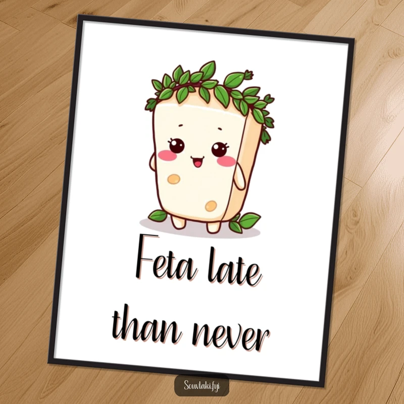 Funny Free Printable Wall Art: Silly feta cheese character comically trying to fit a tiny laurel wreath, a humorous decorative piece.