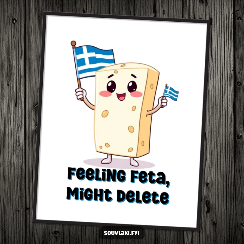 Funny Free Printable Wall Art: A proud feta cheese character stands tall with a small Greek flag, exuding national pride.