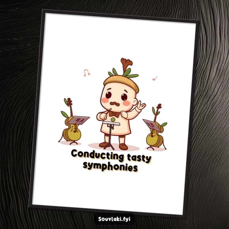 Funny Free Printable Wall Art: a souvlaki skewer character conducting a delightful orchestra composed of tiny olive musicians.