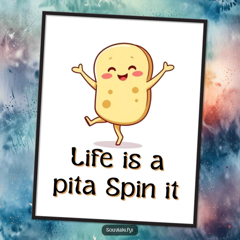 Funny Free Printable Wall Art: a smiling pita bread character in mid-wobbly pirouette, radiating whimsical energy.