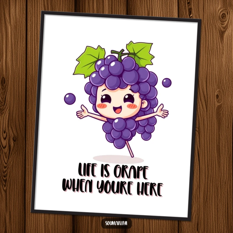 Funny Free Printable Wall Art: Playful grape bunch character juggling grapes, adding a whimsical touch to your decor.