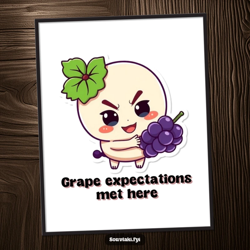 Funny Free Printable Wall Art: A souvlaki character with a playful, mischievous expression is caught sneaking a delicious grape.