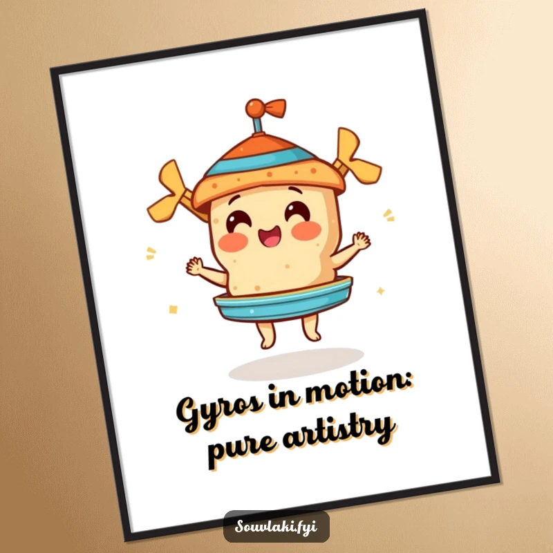 Funny Free Printable Wall Art: A cheerful souvlaki character skillfully spinning a miniature gyros, celebrating culinary perfection.