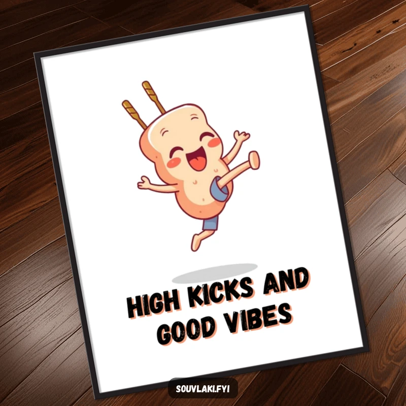 Funny Free Printable Wall Art: A souvlaki skewer character attempts a powerful high kick, showcasing athletic humor.
