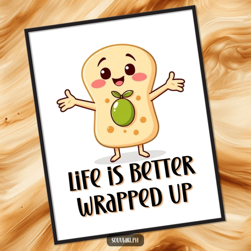 Funny Free Printable Wall Art: A cheerful pita bread character with arms outstretched embraces a tiny olive, a heartwarming scene.