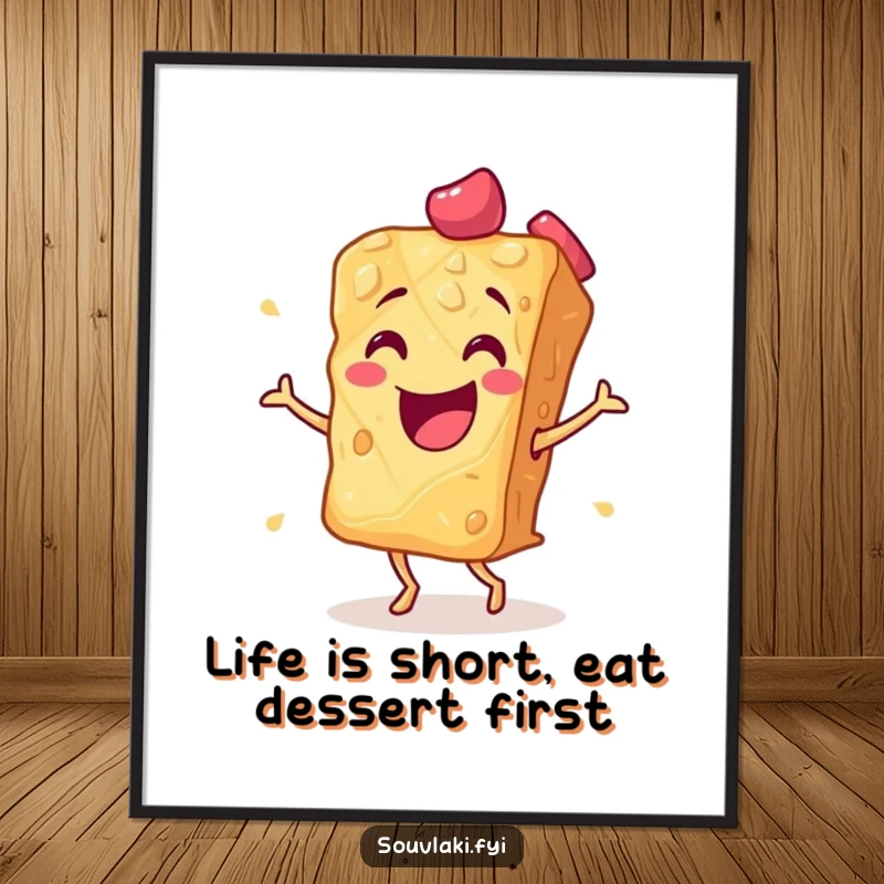 Funny free printable wall art of a smiling baklava piece doing an energetic and joyful flamenco dance.