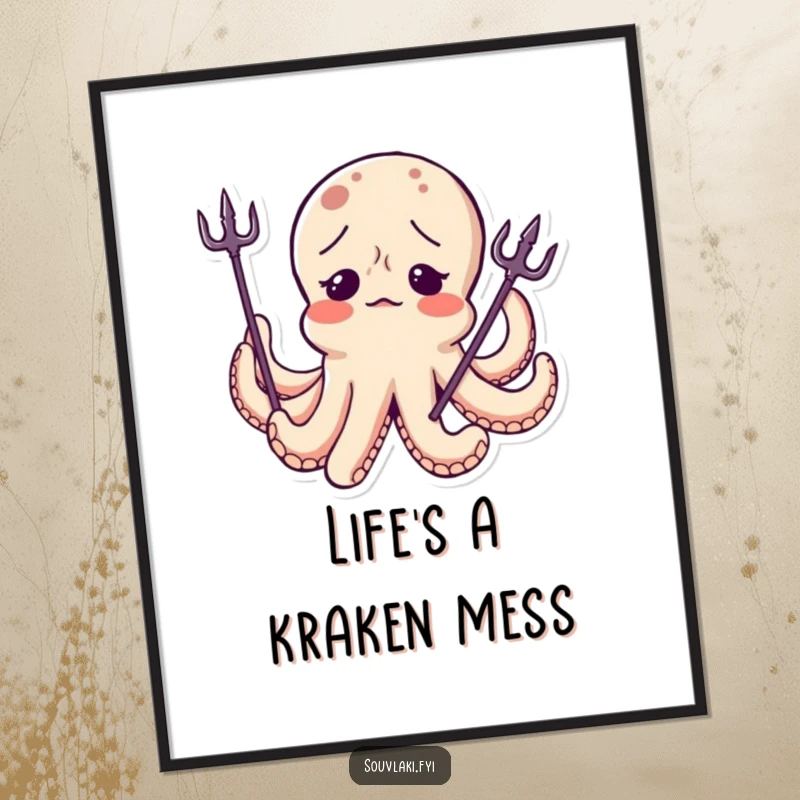 Funny Free Printable Wall Art: A bewildered octopus character sporting a small trident tilted awkwardly on its head.
