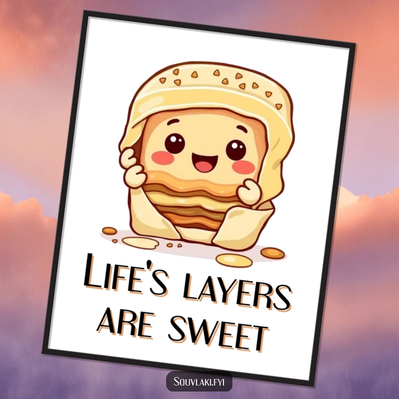 Funny free printable wall art of a happy baklava character peeling off layers with a smile, a delightful and whimsical piece.
