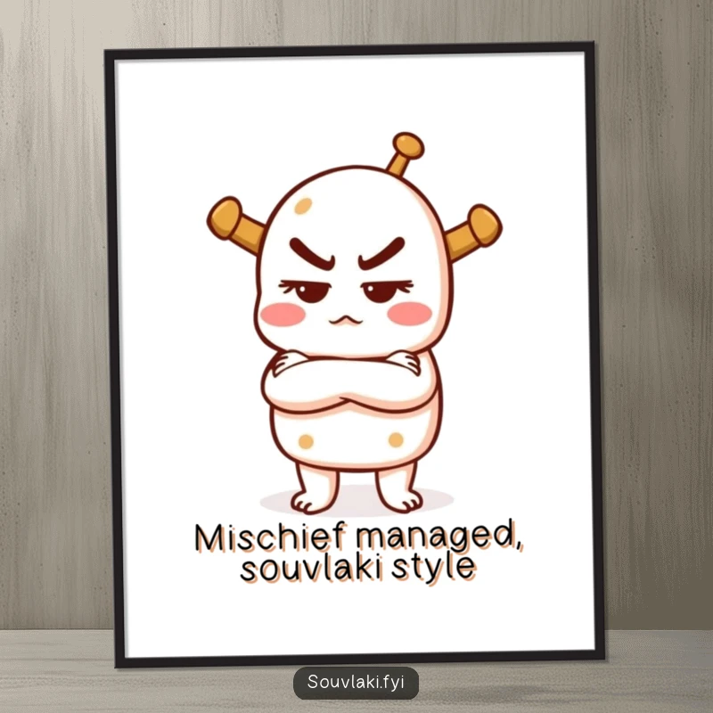 Funny free printable wall art: a souvlaki with arms crossed and a mischievous grin, exuding playful confidence and a cheeky vibe.