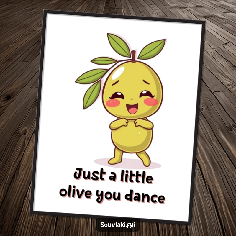 Funny Free Printable Wall Art: Giggling olive character doing a silly dance, bringing joyful movement to your decor.