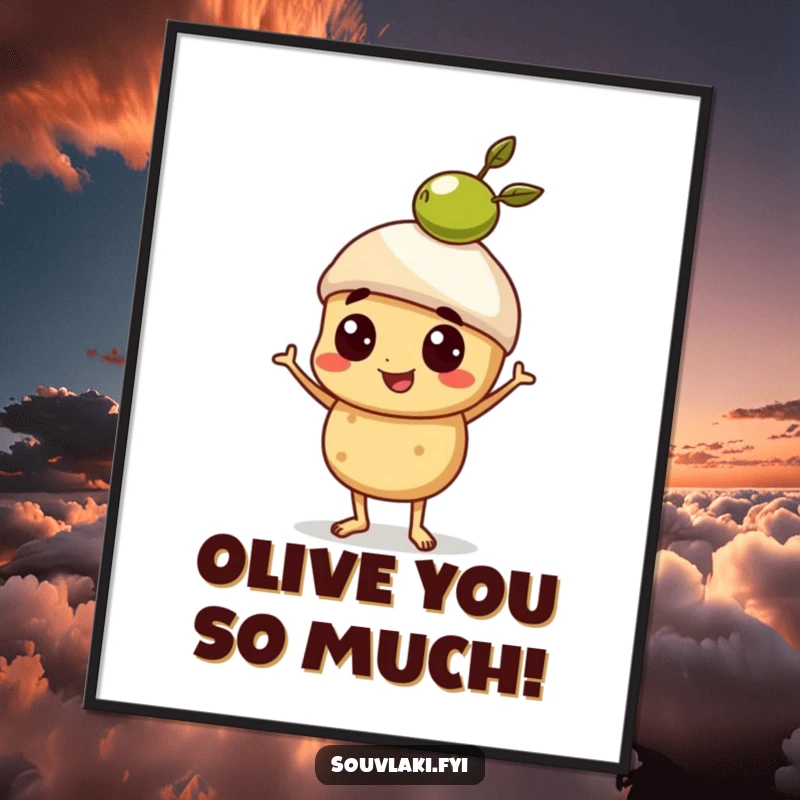 Funny Free Printable wall art of a proud souvlaki character skillfully balancing a miniature olive on its head, looking quite pleased.
