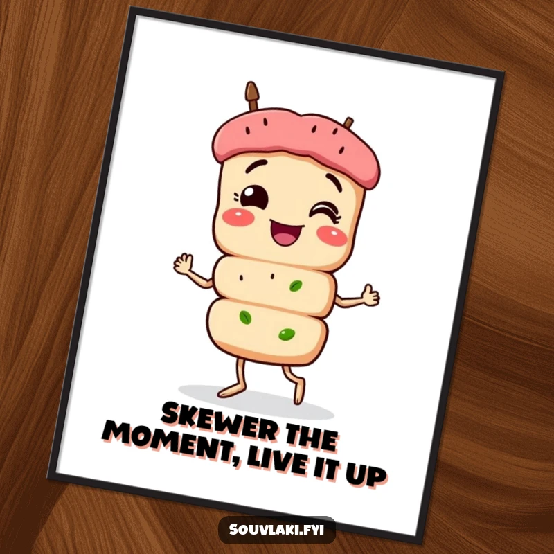 Funny Free Printable wall art: a smiling souvlaki skewer character doing a proud, cheerful strut, perfect for kitchen decor.