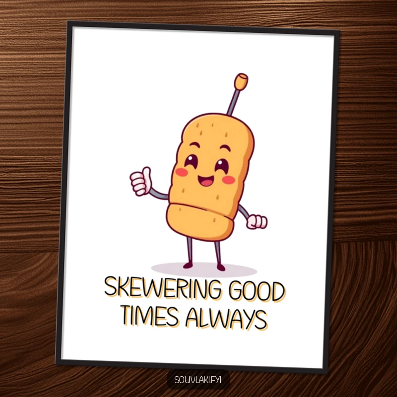 Funny free printable wall art of a proud souvlaki skewer character giving a cheerful nod, radiating warmth and delicious humor.