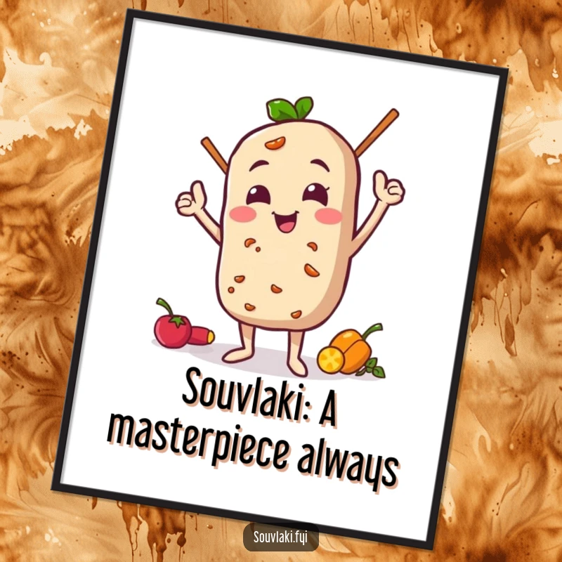 Funny free printable wall art: A souvlaki character does a proud pose with its ingredients, showcasing culinary craftsmanship humorously.