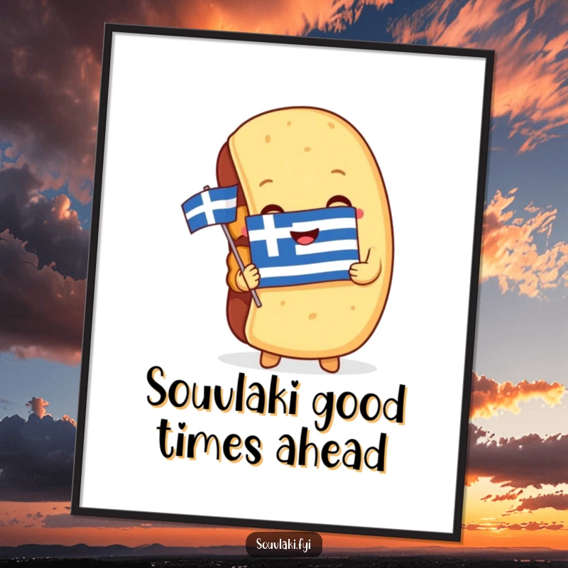 Funny Free Printable Wall Art: A souvlaki character embracing a Greek flag, adding a playful, culinary touch to decor.