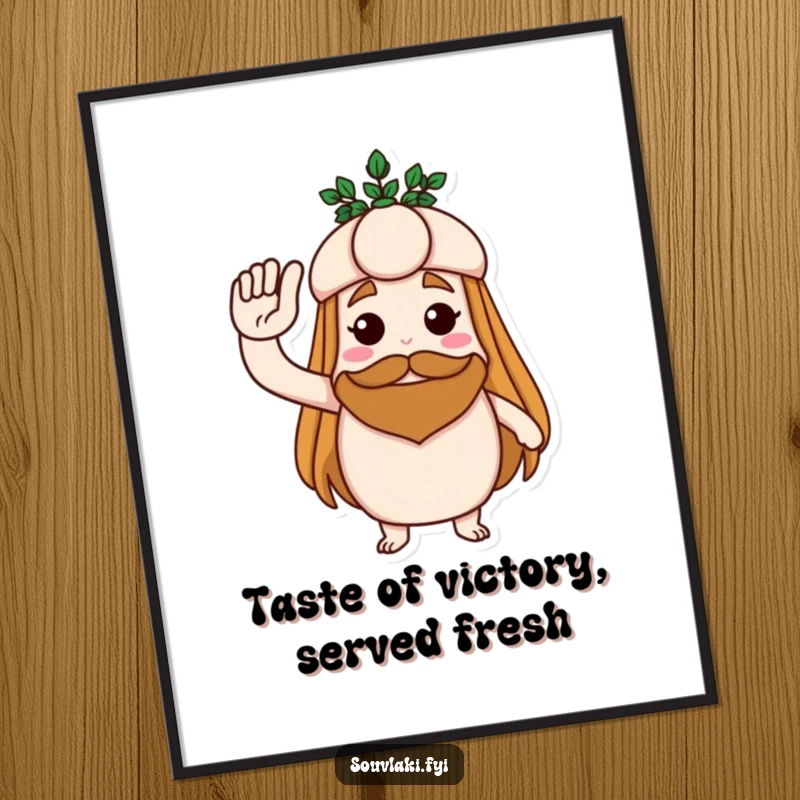 Funny Free Printable Wall Art: A proud souvlaki character saluting smartly, wearing a small laurel wreath, embodying heroic achievement.