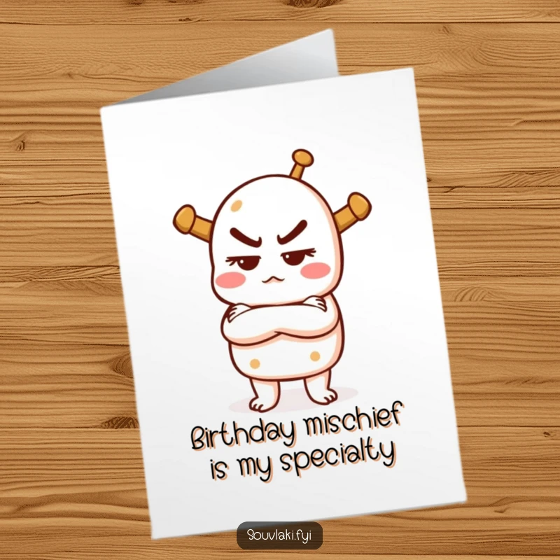 Funny free printable birthday card: a souvlaki stands with arms crossed, sporting a mischievous grin, ready for birthday shenanigans.