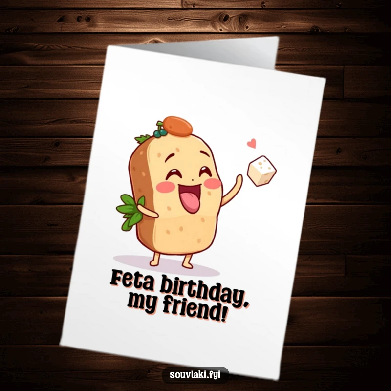 Funny Free Printable Birthday Card: A joyful souvlaki character playfully tossing a small feta cube, celebrating a birthday.