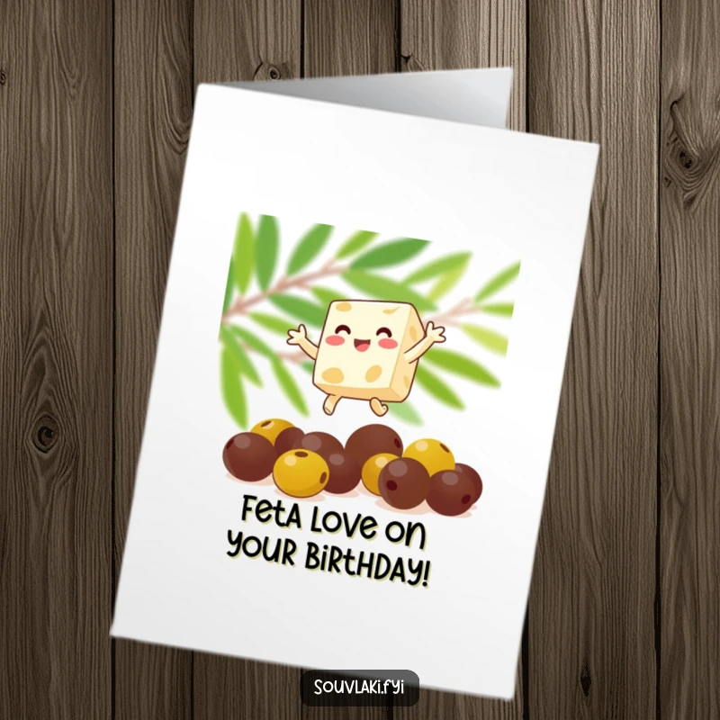 Funny free printable birthday card with a happy feta cheese cube joyfully leaping over olives.