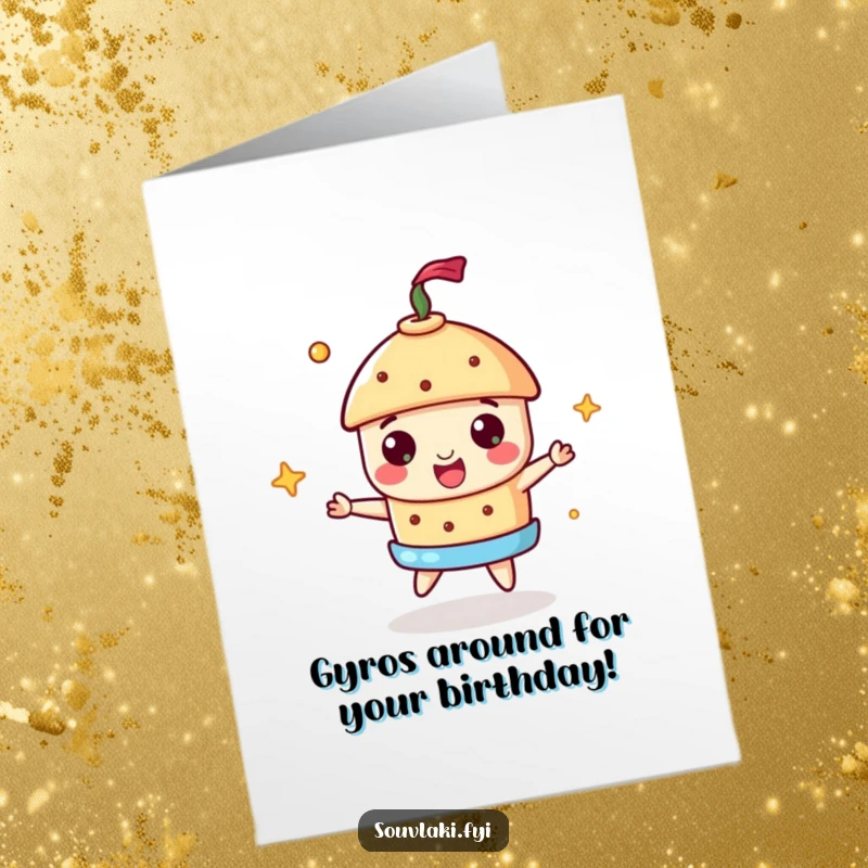 Funny Free Printable Birthday Card: Cheerful souvlaki character skillfully spinning a tiny gyros with a proud expression.