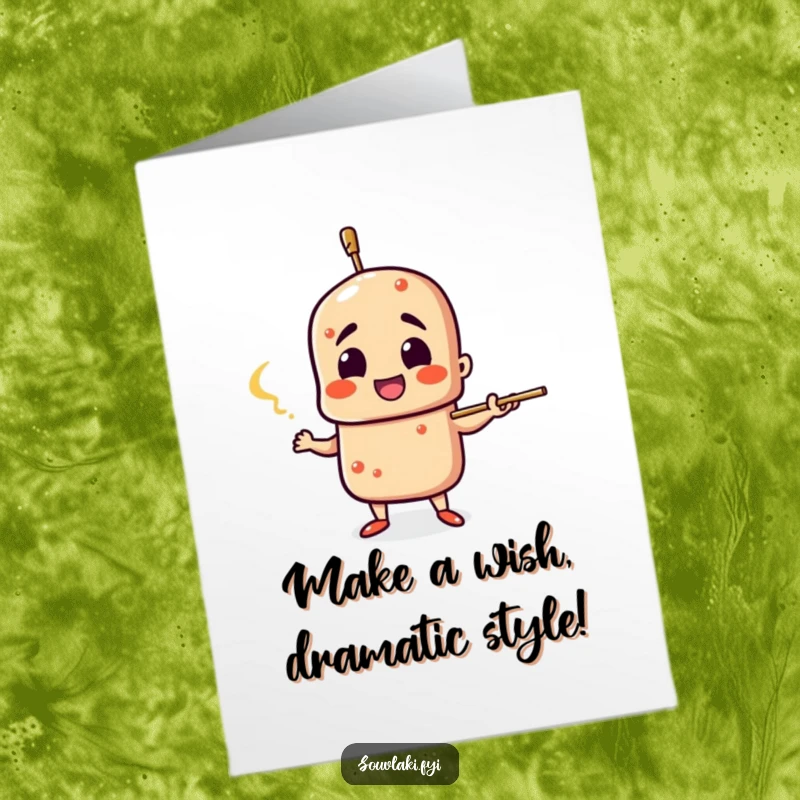 Funny Free Printable birthday card: souvlaki character dramatically gesturing with its skewer, conveying an important, humorous point.