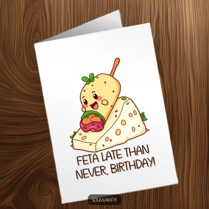 Funny Free Printable Birthday Card: Giddy souvlaki character gleefully sliding down a mountain of fluffy feta cheese.
