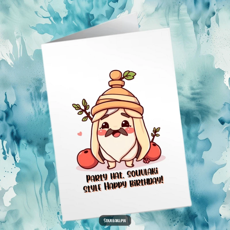 Funny Free Printable Birthday Card: Happy souvlaki joyfully wears a tiny amphora as a hat, celebrating in style.