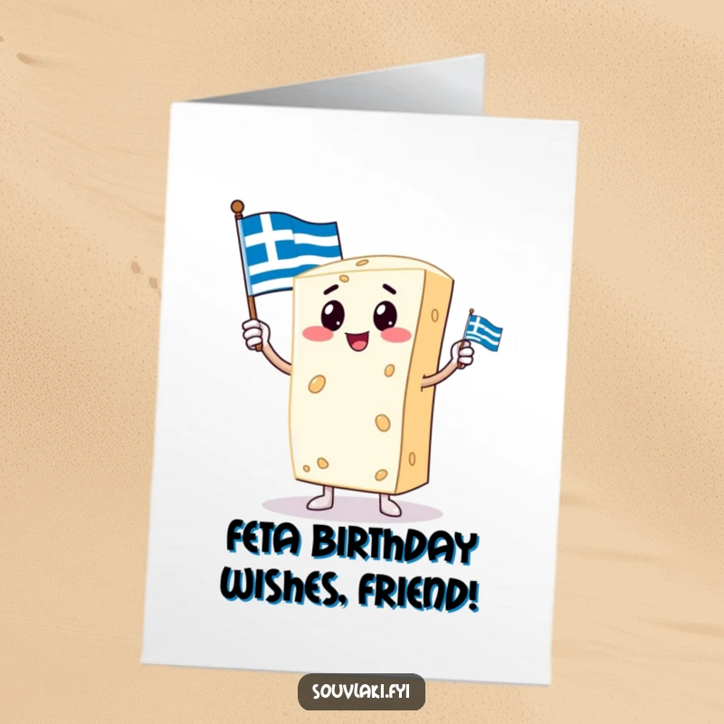 Funny Free Printable Birthday Card: Proud feta cheese character stands tall holding a small Greek flag, celebrating with pride.