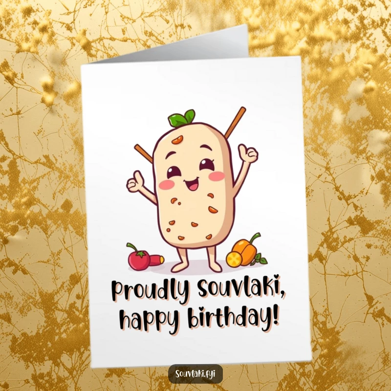 Funny free printable birthday card: A souvlaki character striking a proud pose with its ingredients, celebrating a birthday with culinary flair.