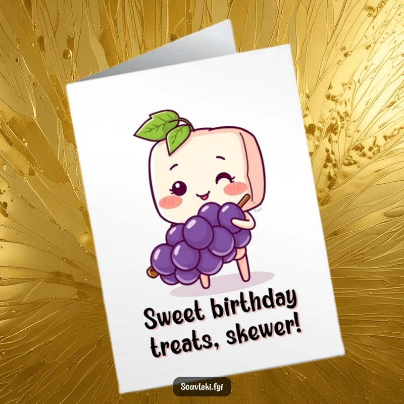 Funny Free Printable Birthday Card: Shy souvlaki skewer blushing and offering a grape.