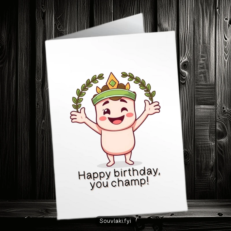 Funny Free Printable Birthday Card: a smiling souvlaki skewer character holding wide arms to embrace a laurel wreath.