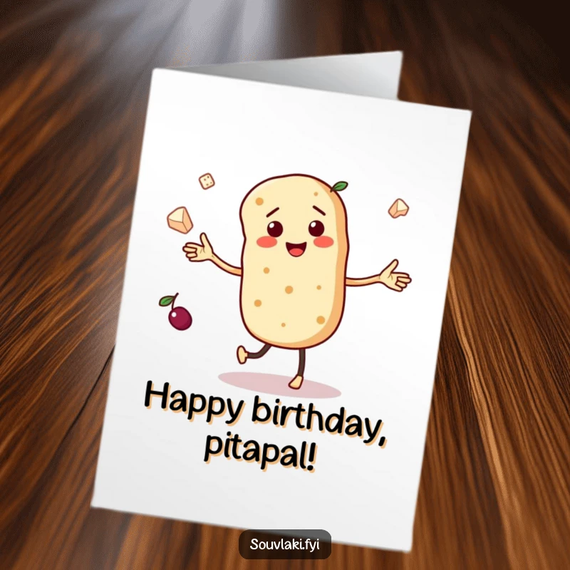 Funny Free Printable Birthday Card: Dancing pita bread character juggling olives and feta cheese, a joyful and humorous birthday greeting.