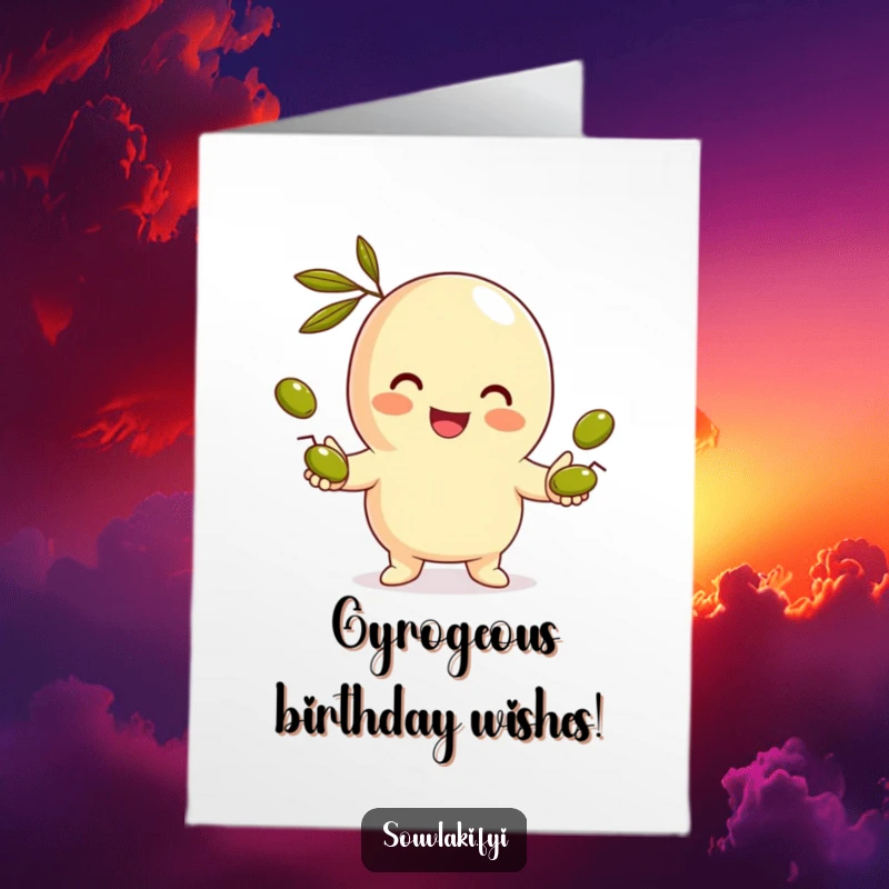 Funny Free Printable Birthday Card: A smiling gyro character expertly juggling several small olives in the air.