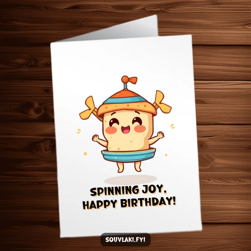 Funny Free Printable Birthday Card: A cheerful souvlaki with a smile, spinning a tiny, perfectly crafted gyros on a rotisserie.
