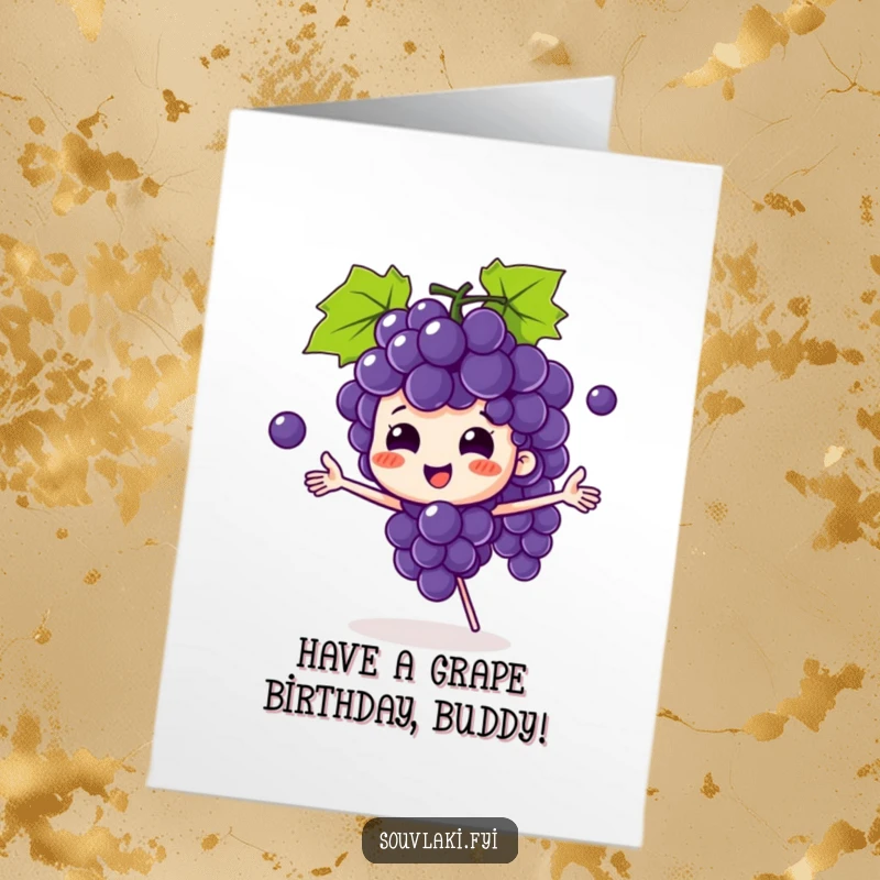 Funny Free Printable Birthday Card: Playful grape bunch character juggling grapes, ready for a birthday bash.