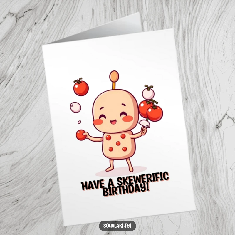 Funny Free Printable birthday card featuring a souvlaki skewer character playfully juggling small tomatoes and onions.