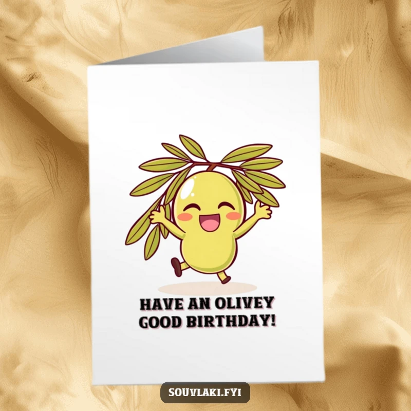 Funny Free Printable Birthday Card: A delighted olive character spins joyfully, celebrating a birthday.
