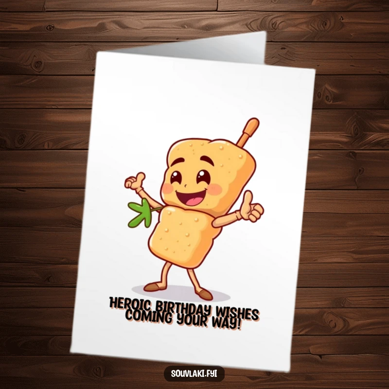 Funny Free Printable Birthday Card: Heroic Souvlaki Skewer Character Standing Tall and Proud