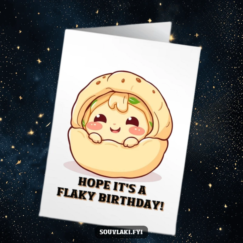 Funny Free Printable Birthday Card: Giggling spanakopita character comically peeking from a puff pastry shell, ready to party.