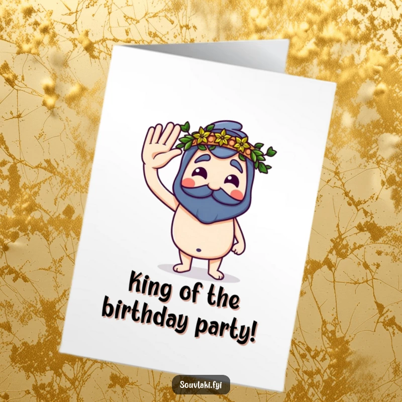 Funny Free Printable Birthday Card: Proud souvlaki character saluting smartly while wearing a small laurel wreath.