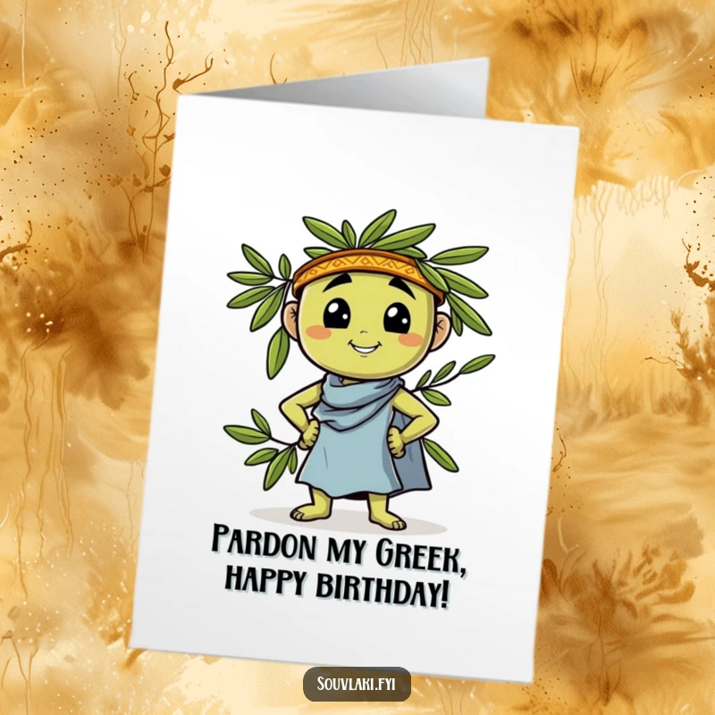 Funny Free Printable Birthday Card: Proud Greek olive striking a confident pose, ready to celebrate with a laugh.