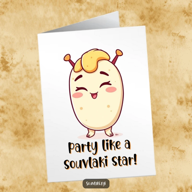 Funny free printable birthday card: a confident souvlaki winks with a cheeky grin, sending festive birthday wishes with flair.