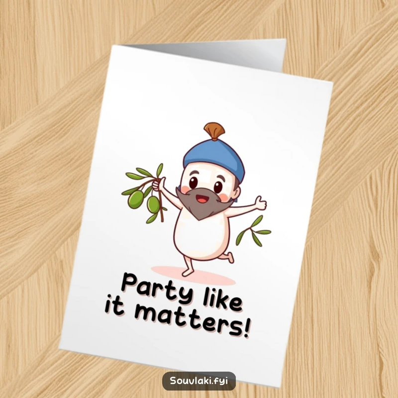 Funny Free Printable Birthday Card: A souvlaki character dances joyfully, twirling an olive branch in a whimsical celebration.