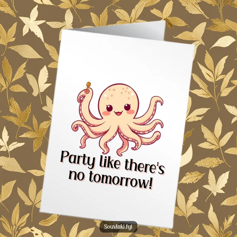 Funny Free Printable Birthday Card: Chubby Octopus Skewer Character Doing a Joyful Eight-Legged Dance